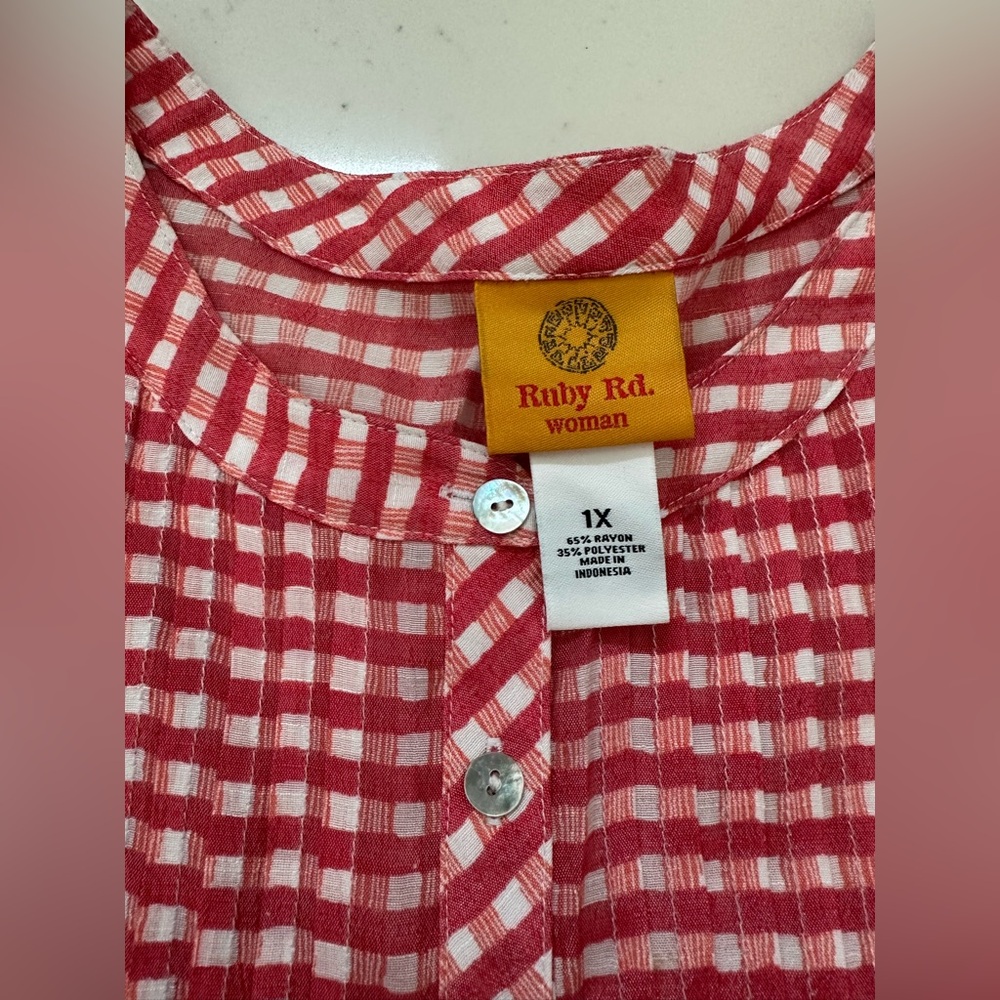 Ruby Rd. Coral Gingham Blouse - Picture 3 of 5